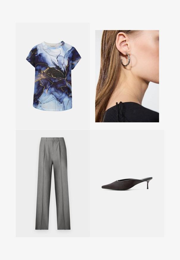 Chemise bleu et noir à manches courtes avec motif abstrait de veines dorées et col rond par Anna Field.; Pantalon gris sur mesure avec un devant plissé, une coupe droite et une texture subtile. Il présente une taille avec passants pour ceinture et aucune poche visible.; Mule noire à bout pointu, talon stiletto bas et finition lisse et élégante, vue de profil sur fond blanc.; Boucle d'oreille en argent avec une finition polie, présentant de petits détails en or et de forme ronde, portée sur le lobe.
