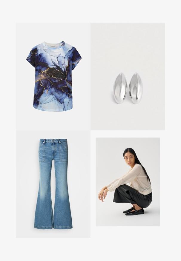 Chemise bleu et noir à manches courtes avec motif abstrait de veines dorées et col rond par Anna Field.; Jean flare en denim bleu clair avec une taille haute. Comprend deux poches avant et un motif délavé le long des jambes. L'ourlet est légèrement effiloché.; Pull léger beige clair en maille transparente avec des manches bouffantes, associé à un pantalon large en cuir noir et des chaussures noires brillantes avec un détail de sangle.; Paire d'objets ovales en argent luisant et lisse disposés côte à côte sur un fond blanc uni.