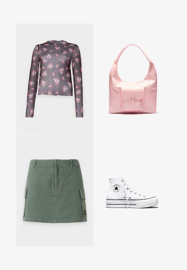 Blusa de manga larga transparente en gris oscuro con un estampado floral de rosas en tonos rosas y verdes, con un dobladillo con forma de onda y una textura ligera.; Falda de mezclilla verde con una cinturilla ajustada, dos bolsillos laterales y un parche en la parte inferior derecha. Textura suave con un sutil brillo.; Zapatilla blanca de caña alta Converse Chuck Taylor All Star con parche de logo negro y cordones blancos, presentada sobre fondo blanco.; Bolso de mano rosa con un acabado brillante, gran correa para el hombro, bolsillo delantero con un detalle decorativo de hebilla. Textura suave, diseño minimalista.