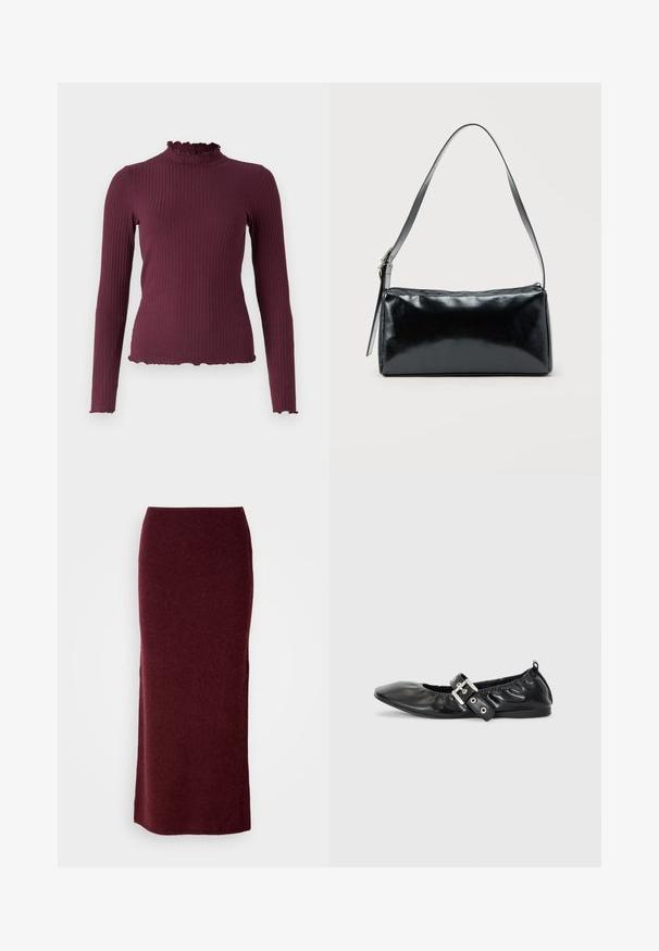 Ribstrikket, langærmet, mørkelilla sweater med falsk flæsekrave og matchende flæsekanter på ærmer og kant.; Bordeaux uld maxi nederdel med en tætsiddende silhuet, glat tekstur og lige kant. Ingen synlige lukninger eller udsmykninger.; Sorte læder flade sko med spids tå, samling detaljer omkring åbningen, og en sølv spænde accent på den justerbare rem.; Sort rektangulær skuldertaske med en enkelt justerbar rem og lynlås i toppen på en ensfarvet baggrund.
