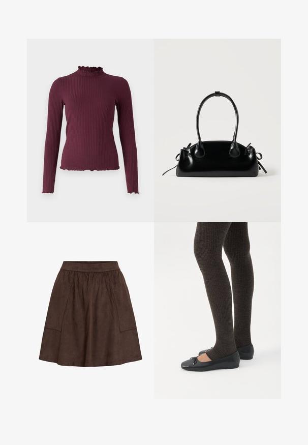 Pull côtelé à manches longues violet foncé avec un col volanté factice et des bords à volants assortis aux manches et à l'ourlet.; Jupe en daim marron avec une ceinture élastique, dotée de poches latérales et d'une coupe évasée. Texture lisse et longueur jusqu'au genou.; Jambes portant des leggings côtelés foncés associés à des ballerines noires avec de petits détails en nœud sur fond blanc.; Petit sac à main noir brillant avec deux longues anses et des détails à cordon sur les côtés sur un fond clair uni.