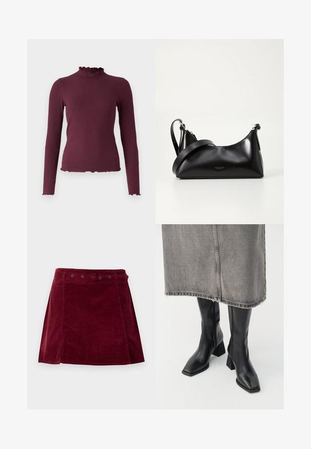 Pull côtelé à manches longues violet foncé avec un col volanté factice et des bords à volants assortis aux manches et à l'ourlet.; Jupe en velours côtelé rouge foncé avec une ceinture assortie et des œillets métalliques, présentant une légère forme trapèze et un détail sur le panneau avant.; Bottes noires montantes en cuir lisse avec un bout carré et un talon bloc. Portées avec une jupe en denim grise à l'ourlet effiloché.; Sac à main en cuir noir avec une texture lisse. Dispose d'une bandoulière adjustable et d'un design élégant et minimaliste avec une fermeture éclair.