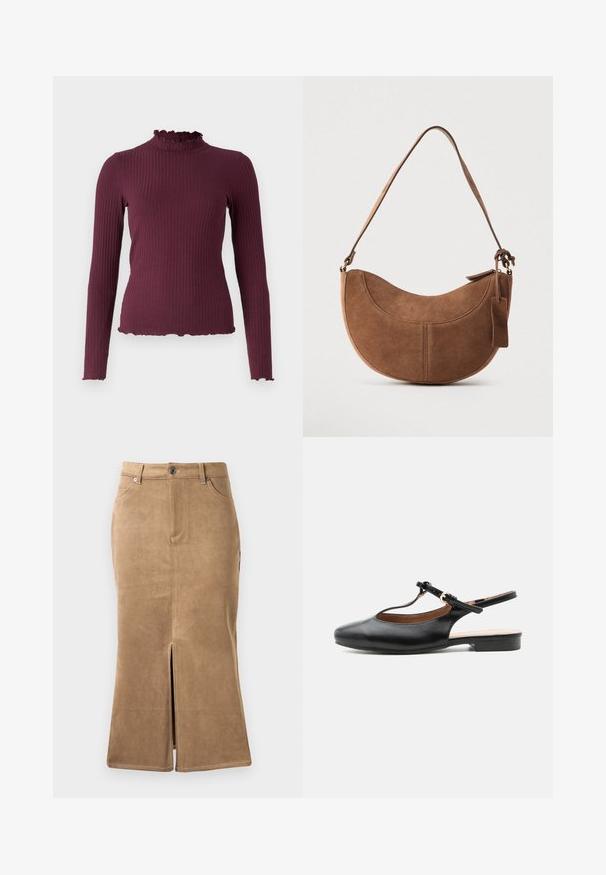 Ribstrikket, langærmet, mørkelilla sweater med falsk flæsekrave og matchende flæsekanter på ærmer og kant.; Brun ruskind midi-skirt med slids foran, kontrasterende syninger og fem-lomme design. Glat tekstur og tætsiddende facon.; Sort læder flad slingback-sko med T-rem og guldlås på neutral baggrund.; Brun ruskinds håndtaske med en buet, halvmåneformet silhuet. Har en skulderrem, et lille mærke og synlige sømme langs kanterne.