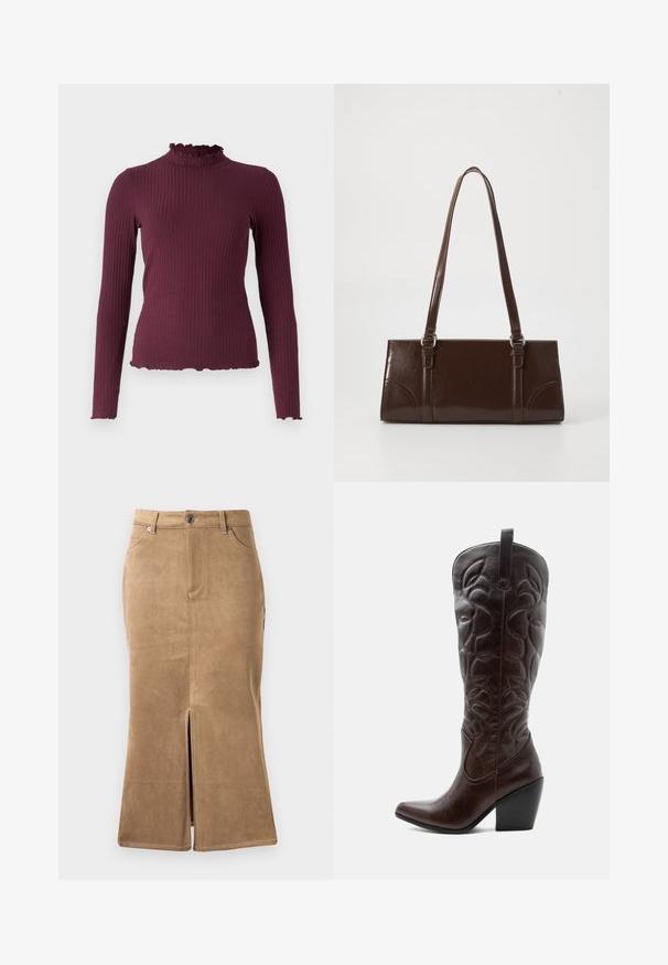 Ribstrikket, langærmet, mørkelilla sweater med falsk flæsekrave og matchende flæsekanter på ærmer og kant.; Brun ruskind midi-skirt med slids foran, kontrasterende syninger og fem-lomme design. Glat tekstur og tætsiddende facon.; Høj mørkebrun læder cowboystøvle med syede dekorative mønstre, spids tå og stablet blokhæle.; Brun lakeret håndtaske med rektangulær form, to lange håndtag og subtile buede detaljer på fronten.