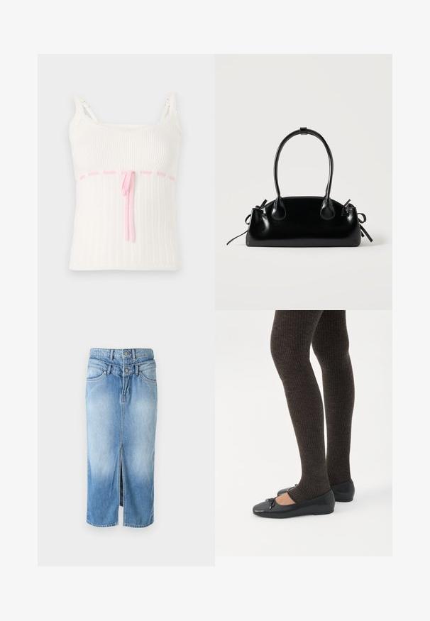 Hvid ribbet tanktop med en tætsiddende pasform, der har en pink snoreliv og blonder trim på stropperne. Tekstur med et subtilt mønster.; Lyseblå denimnederdel med en frontslids, to-knap lukning, høj talje og standard fem-lomme design. Glat tekstur, mellemlang.; Ben iført mørke ribbede leggings kombineret med sorte balletsko med små sløjfedetaljer på hvid baggrund.; Lille sort blank håndtaske med to lange håndtag og snøre-detaljer i siden på en ensfarvet lys baggrund.