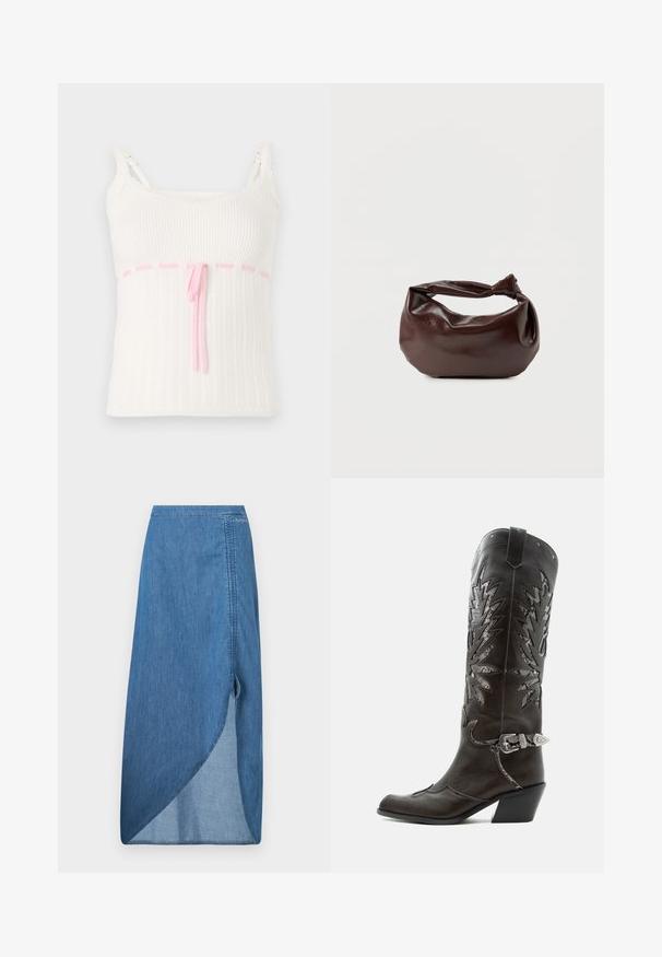 Hvid ribbet tanktop med en tætsiddende pasform, der har en pink snoreliv og blonder trim på stropperne. Tekstur med et subtilt mønster.; Denim nederdel i medium blå, med højt split, asymmetrisk kant og struktureret overflade. Inkluderer stikninger og sideløkker.; Sort læder cowboystøvle med dekorative udskæringer, sølvspænde og skrå hæl, vist på hvid baggrund.; Mørkebrun læder skuldertaske med en blød, afslappet form og et snoet knudehåndtag på en ensartet hvid baggrund.