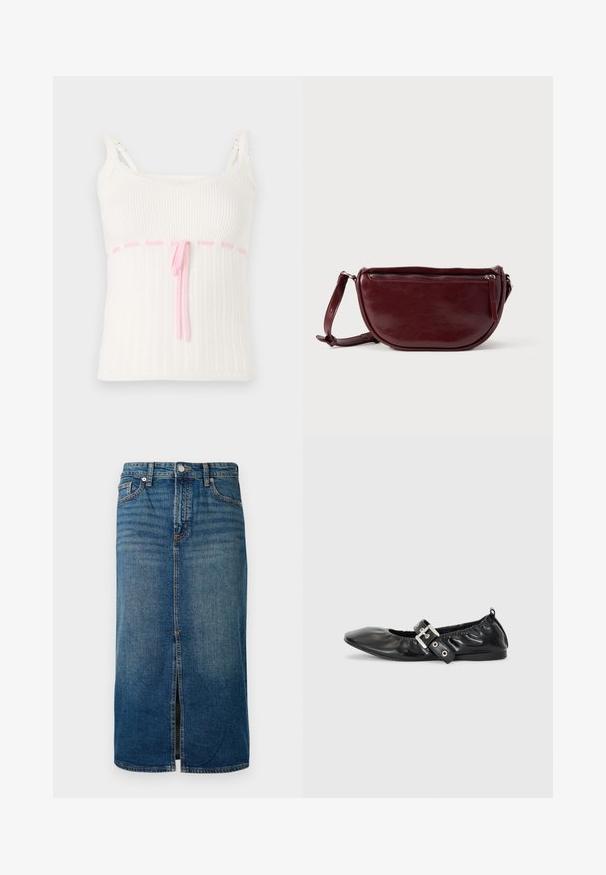 Hvid ribbet tanktop med en tætsiddende pasform, der har en pink snoreliv og blonder trim på stropperne. Tekstur med et subtilt mønster.; Mørkeblå denim midi-skjørt med en frontslids, fem lommer og kontrastsyning. Har en knap- og lynlåslukning i taljen.; Sorte læder flade sko med spids tå, samling detaljer omkring åbningen, og en sølv spænde accent på den justerbare rem.; Vinrød læderhåndtaske med halvmåneform, lynlås og aftagelig rem. Glat tekstur med en subtil glans.