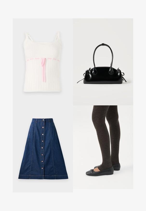 Hvid ribbet tanktop med en tætsiddende pasform, der har en pink snoreliv og blonder trim på stropperne. Tekstur med et subtilt mønster.; Mørkeblå denim A-line nederdel med knaplukning fortil, der har lommer, kontrasterende syninger og en længde til midt på læggen.; Ben iført mørke ribbede leggings kombineret med sorte balletsko med små sløjfedetaljer på hvid baggrund.; Lille sort blank håndtaske med to lange håndtag og snøre-detaljer i siden på en ensfarvet lys baggrund.