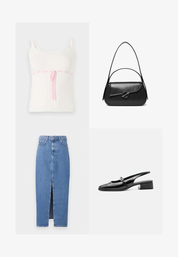 Hvid ribbet tanktop med en tætsiddende pasform, der har en pink snoreliv og blonder trim på stropperne. Tekstur med et subtilt mønster.; Lyseblå denim midi-nederdel med en frontslids, klassisk fem-lomme design og lukning med topknap. Stoffet har en let struktur.; Sort laklæderslingback-sko med lav blokhæl og tynd rem med sølvspænde over toppen.; Sort skuldertaske i læder med en buet klap, der er fastgjort med en rund metal spænde, og en slank, justerbar rem.
