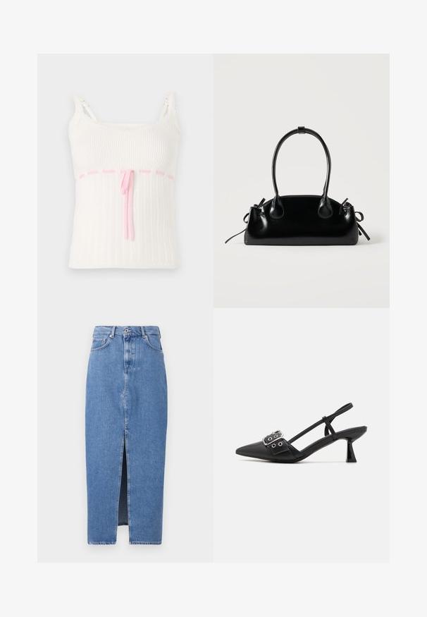 Hvid ribbet tanktop med en tætsiddende pasform, der har en pink snoreliv og blonder trim på stropperne. Tekstur med et subtilt mønster.; Lyseblå denim midi-nederdel med en frontslids, klassisk fem-lomme design og lukning med topknap. Stoffet har en let struktur.; Simmi London DALA - Pumps - black; Lille sort blank håndtaske med to lange håndtag og snøre-detaljer i siden på en ensfarvet lys baggrund.