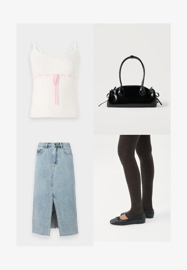 Hvid ribbet tanktop med en tætsiddende pasform, der har en pink snoreliv og blonder trim på stropperne. Tekstur med et subtilt mønster.; Lysblå denimskørt med en frontslids, frynset kant, fem lommer og en knaplukning i taljen. Klassisk lige snit design.; Ben iført mørke ribbede leggings kombineret med sorte balletsko med små sløjfedetaljer på hvid baggrund.; Lille sort blank håndtaske med to lange håndtag og snøre-detaljer i siden på en ensfarvet lys baggrund.
