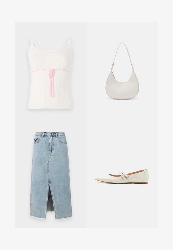 Hvid ribbet tanktop med en tætsiddende pasform, der har en pink snoreliv og blonder trim på stropperne. Tekstur med et subtilt mønster.; Lysblå denimskørt med en frontslids, frynset kant, fem lommer og en knaplukning i taljen. Klassisk lige snit design.; Hvide patentlæder flade sko med spids tå, to dekorative stropper med sølvspænder og en diskret brun sål.; Cremefarvet læder skuldertaske med en halvmåneform, tynd rem og diskrete syninger. Minimalistisk design med hardware-accenter i guldton.