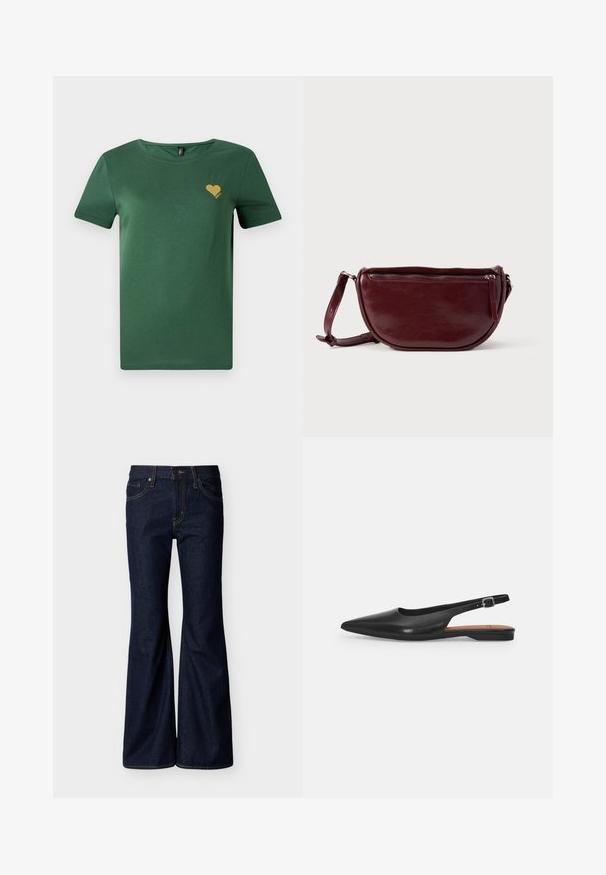 Grünes Baumwoll-T-Shirt mit rundem Ausschnitt und kurzen Ärmeln. Mit einem kleinen goldenen Herz-Design auf der Brust. Weicher Stoff, lässige Passform.; Dunkelblaue Jeans aus Denim mit ausgestellten Beinen, vorderer Knopf- und Reißverschluss sowie Fünf-Taschen-Design mit kontrastierenden Nähten.; Schwarzer Leder Slingback-Schuh mit spitzer Zehenform, subtiler Glanz und verstellbarem Knöchelriemen. Flacher Absatz mit einer braunen Innensohle.; Dunkelroter Lederhandtasche in halbmondförmiger Form mit Reißverschluss und abnehmbarem Tragegurt. Glatte Textur mit dezentem Glanz.