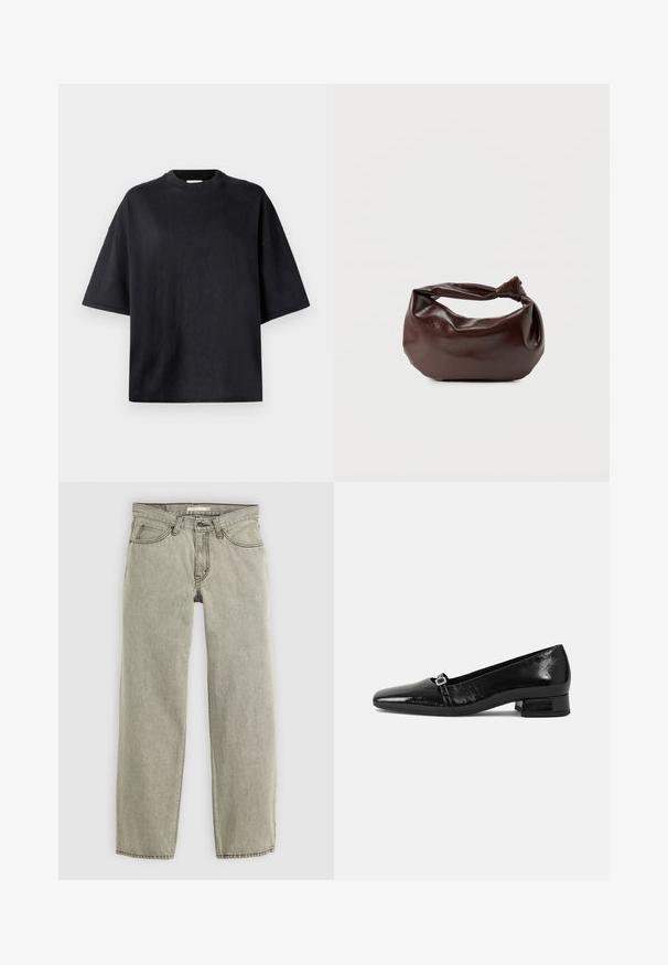 Zwarte oversized t-shirt gemaakt van zachte katoen. Voorzien van een ronde ronde hals, korte mouwen en een gladde structuur. Geen zichtbare patronen of accenten.; Lichtgrijze rechte jeans met een sluiting met knoop en rits aan de voorkant, riemlussen en een vijf-pocket ontwerp.; Zwarte laarzen van gepatenteerd leer met een puntige neus, een lage vierkante hak en een kleine metalen gespdetail op de band. Gladde textuur.; Donkerbruine leren schoudertas met een zachte, slungelige vorm en een gedraaide knoopvormige handgreep op een effen witte achtergrond.