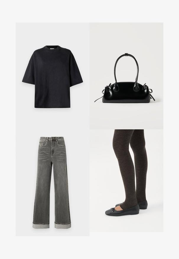 Sort oversized t-shirt lavet af blødt bomuld. Har en rund crew neck, korte ærmer og en glat tekstur. Ingen synlige mønstre eller accenter.; Grå denimjeans med vide ben, høj talje, fem lommer og opbukket kant. Stoffet har en let slidte struktur med synlige syninger.; Ben iført mørke ribbede leggings kombineret med sorte balletsko med små sløjfedetaljer på hvid baggrund.; Lille sort blank håndtaske med to lange håndtag og snøre-detaljer i siden på en ensfarvet lys baggrund.