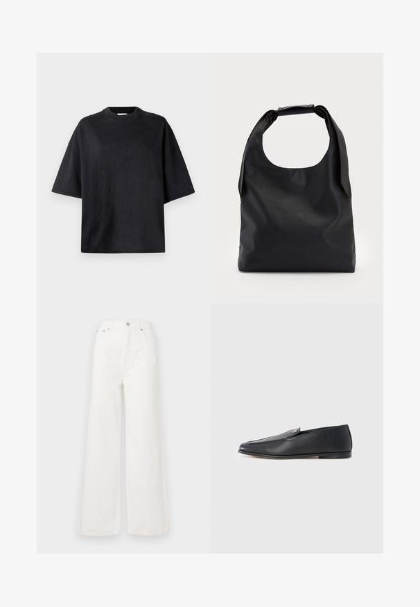Camiseta negra de gran tamaño hecha de algodón suave. Presenta un cuello redondo, mangas cortas y una textura suave. Sin patrones ni acentos visibles.; Jeans de mezclilla de cintura alta y pierna ancha en color blanco. Cuenta con bolsillos delanteros, un cierre de botón y detalles de dobladillo deshilachado.; Mocasines de cuero negro con textura suave, punta redondeada y detalles de costura sutiles. Presentan un acento de logo dorado en el lateral superior.; Bolso de mano de cuero negro con una gran abertura superior y una sola correa para el hombro. Textura suave, diseño minimalista, con detalles sutiles de herrajes.