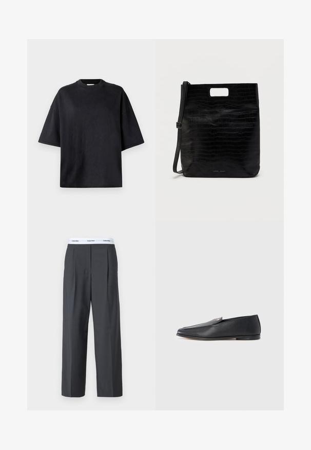 Camiseta negra de gran tamaño hecha de algodón suave. Presenta un cuello redondo, mangas cortas y una textura suave. Sin patrones ni acentos visibles.; Pantalones de pierna ancha grises, elaborados con un tejido suave, que cuentan con pliegues frontales y una cinturilla blanca con el logo de Calvin Klein.; Mocasines de cuero negro con textura suave, punta redondeada y detalles de costura sutiles. Presentan un acento de logo dorado en el lateral superior.; Bolso tote de cuero sintético negro con textura de cocodrilo, forma rectangular, corte en el asa superior y correa de hombro detachable. Logo de la marca visible.