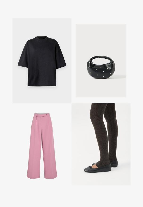 Zwarte oversized t-shirt gemaakt van zachte katoen. Voorzien van een ronde ronde hals, korte mouwen en een gladde structuur. Geen zichtbare patronen of accenten.; Wijde roze broek met plooien aan de voorkant, tailleband met riemlussen en een verborgen sluiting aan de voorkant.; Benen met donkere geribbelde leggings gecombineerd met zwarte ballerina's met kleine strikdetails op een witte achtergrond.; Zwarte leren handtas met een afgeronde vorm, versierd met zilveren studs, en een korte handgreep. Gladde textuur en ritsluiting.