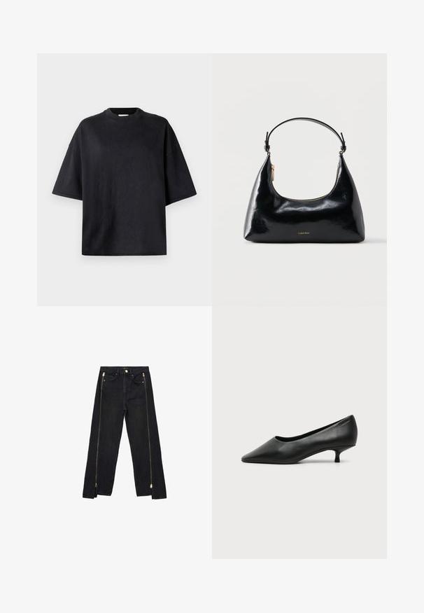 Sort oversized t-shirt lavet af blødt bomuld. Har en rund crew neck, korte ærmer og en glat tekstur. Ingen synlige mønstre eller accenter.; Sorte denimjeans med lige ben-design, der har guld lynlåse langs siderne og almindelige lommer ved taljen.; Sort lavhælet damesko i læder med spids tå og lille kitten heel på ensfarvet lys baggrund.; Sort blank Calvin Klein håndtaske med gyldent lynlås og kort rem mod en ensfarvet hvid baggrund.