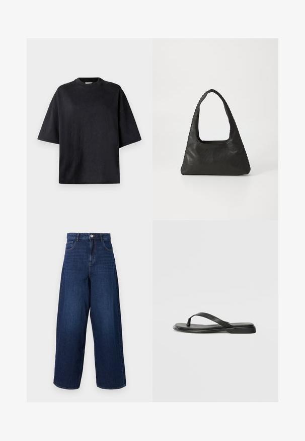 Zwarte oversized t-shirt gemaakt van zachte katoen. Voorzien van een ronde ronde hals, korte mouwen en een gladde structuur. Geen zichtbare patronen of accenten.; Wijdvallende donkerblauwe denim jeans met een hoge taille, vijf zakken en een knoopsluiting. De stof heeft een gladde textuur met subtiele vervaging.; Zwarte teenflip-flop van glad leer, met een dunne band en een platte zool met een minimalistisch profiel. Geen opvallende patronen of accenten.; Zwart leren handtas met een triangulaire vorm, een grote uitsparingshandgreep en gedetailleerde stiksels langs de randen. Glad textuur.