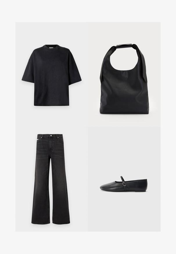 Camiseta negra de gran tamaño hecha de algodón suave. Presenta un cuello redondo, mangas cortas y una textura suave. Sin patrones ni acentos visibles.; Pantalones vaqueros negros de corte ancho con cierre frontal de botón y cremallera, trabillas para cinturón y estilo de cinco bolsillos.; Bailarinas de cuero negro con punta afilada, suela plana y una pequeña correa con detalle de hebilla plateada.; Bolso de mano de cuero negro con una gran abertura superior y una sola correa para el hombro. Textura suave, diseño minimalista, con detalles sutiles de herrajes.