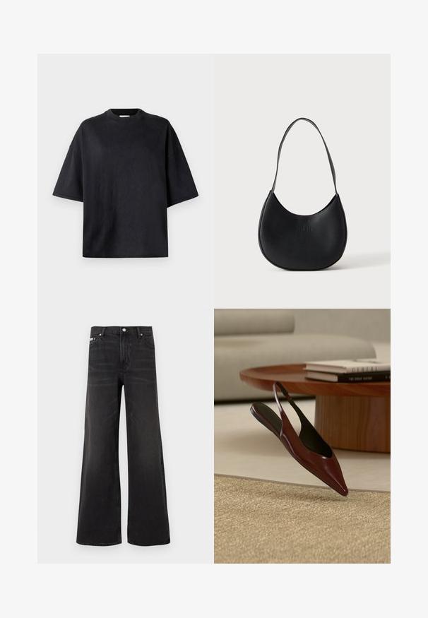 Schwarzes, übergroßes T-Shirt aus weicher Baumwolle. Mit rundem Halsausschnitt, kurzen Ärmeln und glatter Textur. Keine sichtbaren Muster oder Akzente.; Schwarze Jeans mit weitem Bein, vorne mit Knopf- und Reißverschluss, Gürtelschlaufen und Fünf-Taschen-Stil.; Dunkelbrauner spitzer Slingback-Flachschuh schwebt über einem gewebten beigen Teppich, im Hintergrund runder Holztisch und Bücher.; Schwarze Leder-Schultertasche in halbmondförmigem Design mit einem einzelnen Trageriemen und dezent geprägtem Markennamen auf einfarbig hellem Hintergrund.
