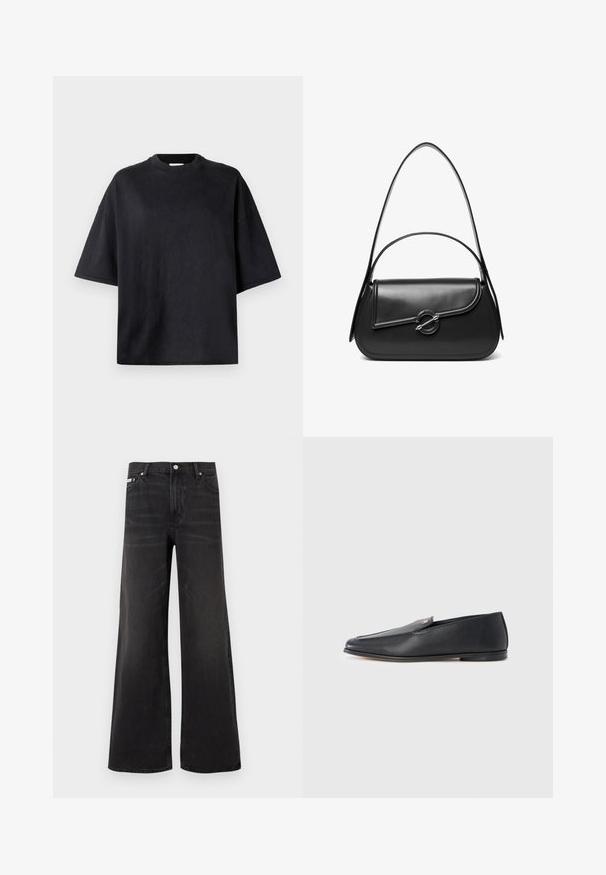 Zwarte oversized t-shirt gemaakt van zachte katoen. Voorzien van een ronde ronde hals, korte mouwen en een gladde structuur. Geen zichtbare patronen of accenten.; Zwarte wijde denim jeans met knoop- en ritsluiting aan de voorkant, riemlussen en vijf zakken.; Zwarte leren loafers met een gladde textuur, een afgeronde neus en subtiele stiksel details. Voorzien van een gouden logomerk aan de bovenzijde.; Zwarte leren schoudertas met een gebogen klep die is bevestigd met een ronde metalen sluiting en een smalle, verstelbare band.