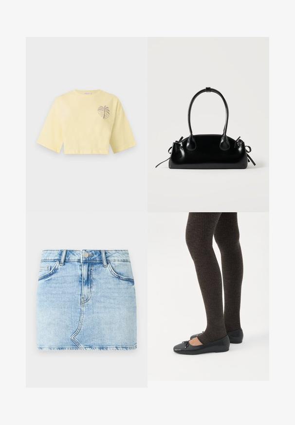 Ανοιχτό κίτρινο crop T-shirt με φαρδιά κοντά μανίκια και μικρό γραφικό φοίνικα στην αριστερή πλευρά του στήθους.; Φούστα μίνι από ανοιχτό μπλε τζιν με κλασικό σχεδιασμό πέντε τσεπών, διαθέτει εμπρόσθιο κούμπωμα με κουμπιά και λεπτομέρεια ξεφτισμένης ραφής στο τελείωμα.; Πόδια με σκουρόχρωμα ριμπ κολάν συνδυασμένα με μαύρα μπαλαρίνα παπούτσια με μικρές λεπτομέρειες φιόγκων σε λευκό φόντο.; Μικρή μαύρη γυαλιστερή τσάντα με δύο μακριές λαβές και λεπτομέρειες με ρυθμιζόμενο κορδόνι στο πλάι σε απλό ανοιχτό φόντο.