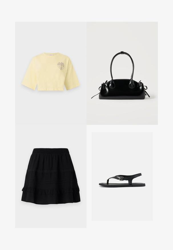 T-shirt court de couleur jaune pâle avec larges manches courtes et petit motif de palmier sur la poitrine gauche.; Jupe en coton noir avec un design à volants superposés, dotée d'une taille élastique et d'ornements en couture contrastée et en bandes de dentelle.; Sandale plate noire avec bride à la cheville, entre-doigt et boucle argentée sur semelle lisse, vue de côté sur fond blanc.; Petit sac à main noir brillant avec deux longues anses et des détails à cordon sur les côtés sur un fond clair uni.