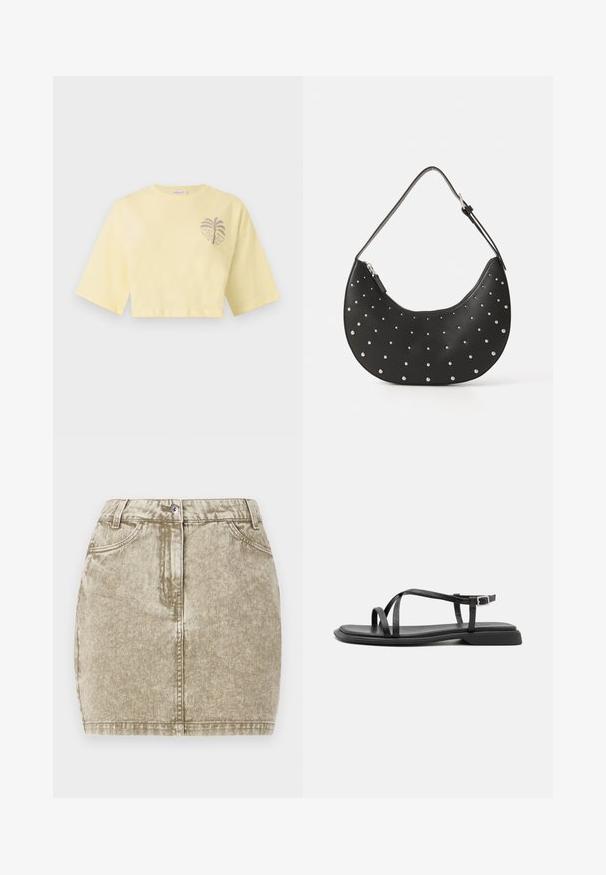 T-shirt court de couleur jaune pâle avec larges manches courtes et petit motif de palmier sur la poitrine gauche.; Jupe en denim kaki avec une finition texturée, cinq poches, fermeture à boutons à l'avant et détails cousus le long des bords.; Sandales plates noires avec de fines brides réglables, un entre-doigt rectangulaire et une finition mate texturée. Elles présentent un talon bas légèrement carré.; Sac à main en cuir noir avec une forme arrondie, orné de clous en argent, doté d'une fermeture éclair et d'une seule sangle ajustable.
