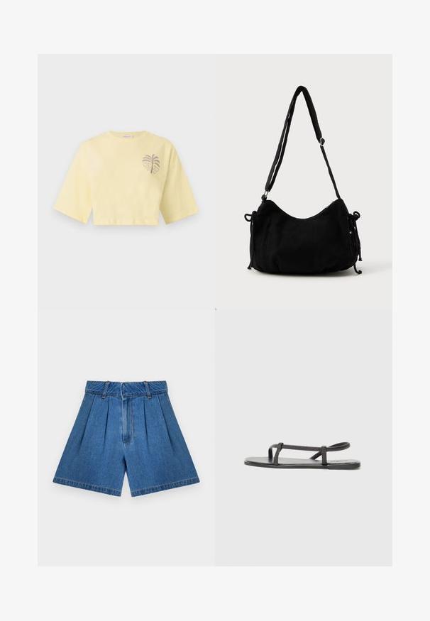 Ανοιχτό κίτρινο crop T-shirt με φαρδιά κοντά μανίκια και μικρό γραφικό φοίνικα στην αριστερή πλευρά του στήθους.; Τζιν σορτς με ψηλή μέση και φαρδιά πόδια, εμπρός πιέτες, θηλιές για ζώνη και κρυφό μπροστινό φερμουάρ σε απλό ανοιχτό φόντο.; Μαύρα επίπεδα σανδάλια με λεπτές, υφασμένες ρίγες και μινιμαλιστικό σχέδιο. Η σόλα είναι λεία και η συνολική σιλουέτα είναι κομψή και διακριτική.; Μαύρη καπιτονέ τσάντα ώμου με καμπυλωτό σχήμα, ρυθμιζόμενο λουρί και κλείσιμο με κορδόνια και στις δύο πλευρές για ρύθμιση μεγέθους.