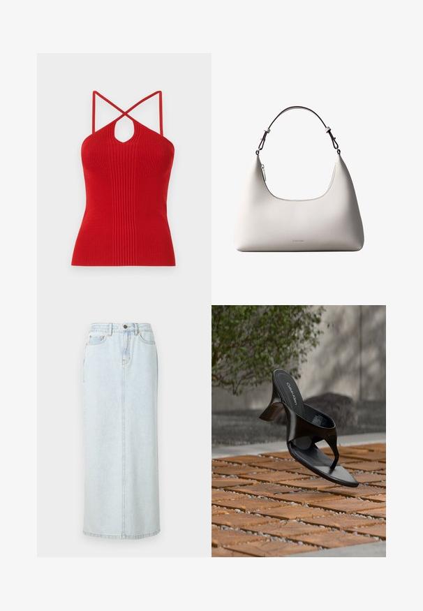 Haut halter rouge à côtes avec une découpe en clé, des bretelles croisées fines et une coupe ajustée. Fabriqué en matière tricot extensible.; Jupe maxi en denim bleu clair avec un design droit, fermeture à boutons sur le devant et couture visible. Elle comporte deux poches avant.; Sandale à talon noire Calvin Klein en forme de tongs flottant au-dessus d'une surface extérieure carrelée avec de la verdure et un mur en béton en arrière-plan.; Sac à bandoulière en cuir couleur crème de Calvin Klein avec bord supérieur incurvé, fermeture éclair argentée et sangle ajustable brun foncé.