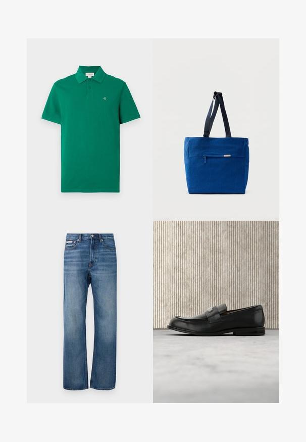 Polo vert en coton, avec un col classique, des manches courtes, et un petit logo CK brodé sur la poitrine.; Jeans en denim bleus à jambe droite avec un léger délavage, fermeture à bouton à l'avant et une petite étiquette logo sur la poche avant droite.; Mocassin en cuir noir avec une plaque de marque en métal reposant près d'une table ronde marron sur un sol recouvert de moquette beige.; Sac fourre-tout en toile bleue avec une poche zippée à l'avant, des doubles bretelles et une forme rectangulaire. Dispose d'une étiquette de marque discrète.