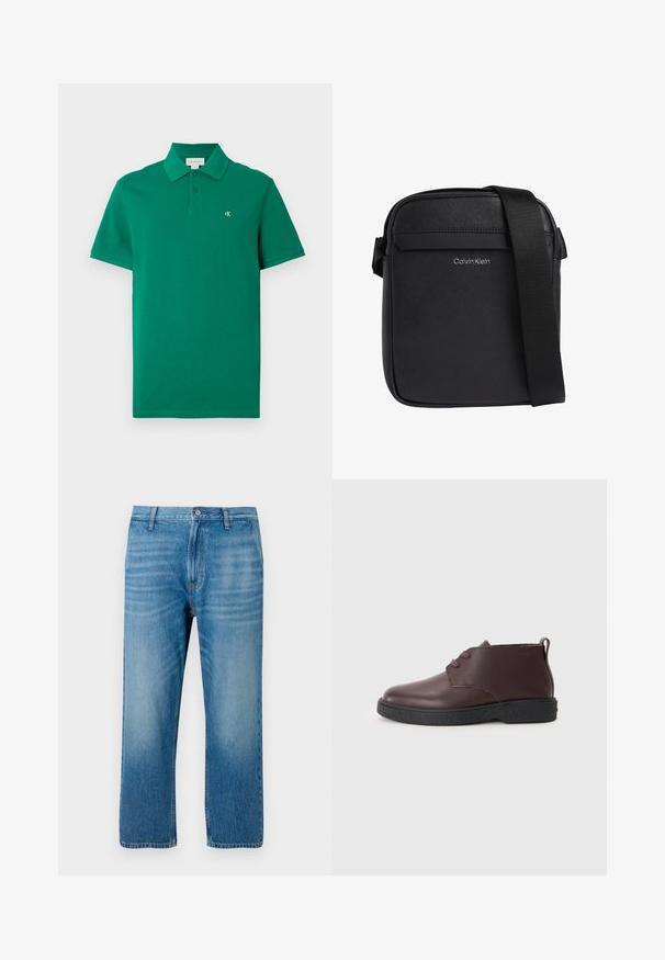 Polo vert en coton, avec un col classique, des manches courtes, et un petit logo CK brodé sur la poitrine.; Jeans en denim bleu clair avec une coupe droite, design à cinq poches, fermeture à bouton et décoloration subtile sur le devant. Pas de motifs visibles.; Bottine en cuir bordeaux avec un bout rond, deux œillets pour les lacets, semelle noire texturée et une languette au talon.; Sac bandoulière noir Calvin Klein avec surface texturée et bandoulière réglable.