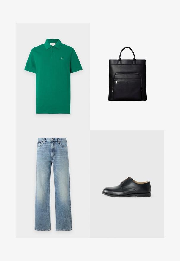 Polo vert en coton, avec un col classique, des manches courtes, et un petit logo CK brodé sur la poitrine.; Jean droit en denim bleu clair avec taille haute, cinq poches, fermeture à boutons et léger délavage sur les cuisses et les genoux.; Calvin Klein ESS DERBY - Derbies - triple black; Sac cabas en cuir noir avec anses supérieures et poche avant zippée portant un petit logo Calvin Klein sur la poche.