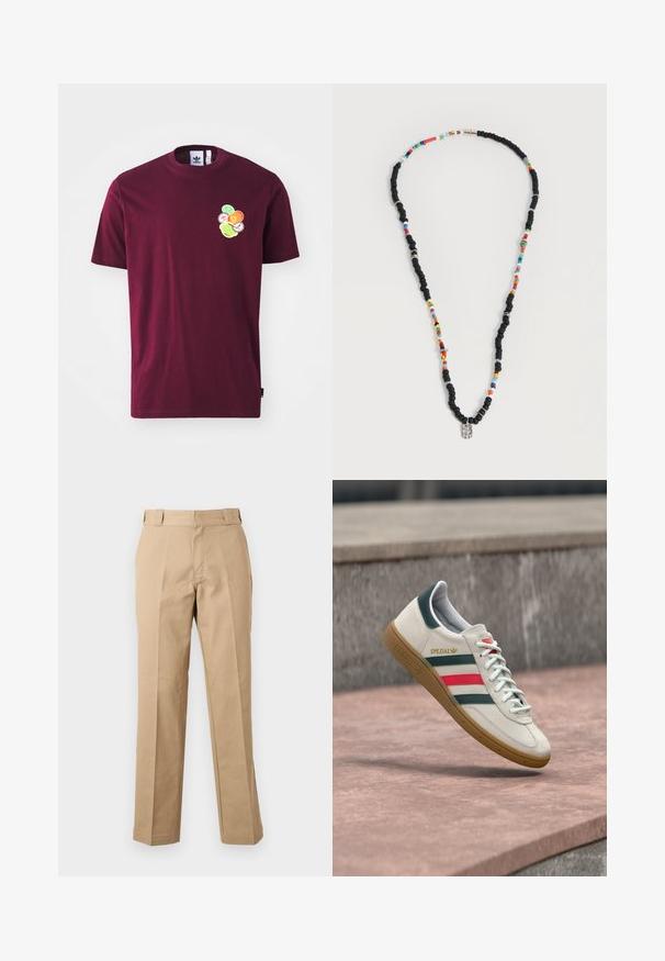 Mørkerød bomulds t-shirt med korte ærmer og rund hals. Indeholder en broderet grafik på venstre bryst, inklusive farverige cirkulære design.; Beige bukser med lige ben, bæltestropper, foran lynlås og pressede slidser, vist mod en hvid baggrund.; Hvid Adidas sneaker med grønne og røde striber, gummisål og "SPEZIAL" branding, der svæver over stensat belægning.; Halskæde med vekslende sorte og flerfarvede perler, med små sølvringe og en rektangulær klar perlevedhæng.
