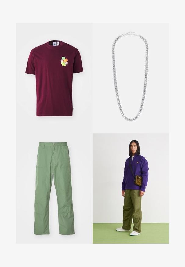 Mørkerød bomulds t-shirt med korte ærmer og rund hals. Indeholder en broderet grafik på venstre bryst, inklusive farverige cirkulære design.; Lysgrønne, afslappede bukser med en glat tekstur, der har sidelommer og synlige syninger. Hel længde med et lige ben-design.; Jordan AIR JORDAN 1 ZM CMFT 2 - Sneakers high - summit white/bicoastal/oxidized green; Sølv metal kædehalssmykke med sammenflettede led, en glat overflade og en justerbar lukning til tilpasning af længden.