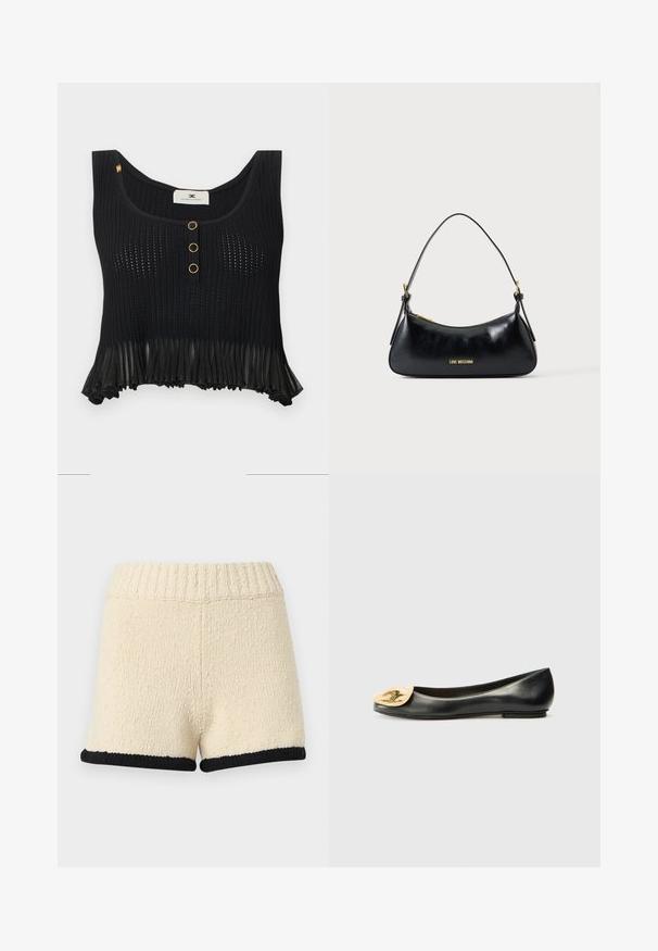 Haut court noir sans manches en maille avec trois boutons dorés sur le devant et un détail d'ourlet transparent à volants.; Shorts en tricot couleur crème avec taille côtelée et bordure noire à l'ourlet, présentés sur un fond clair uni.; Ballerines en cuir noir avec un bout rond, présentant un accent en forme de coquillage doré métallique à l'avant. Texture lisse, talon bas.; Sac d'épaule en cuir noir avec fermeture éclair dorée et logo "LOVE MOSCHINO" sur le devant, doté d'une poignée supérieure incurvée.