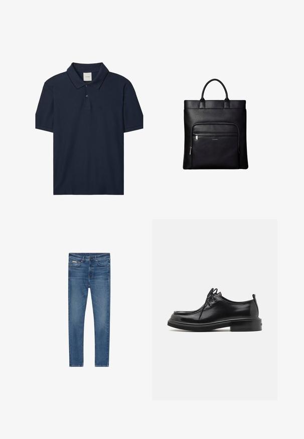 Polo bleu marine à manches courtes avec deux boutons, col côtelé avec fine bordure noire, et petit logo "ck" sur la poitrine gauche.; Jean en denim bleu coupe slim, cinq poches, fermeture par boutons et légère décoloration sur les cuisses et les genoux.; Calvin Klein LACE UP APRON BRUSH OFF - Derbies - black; Sac cabas en cuir noir avec anses supérieures et poche avant zippée portant un petit logo Calvin Klein sur la poche.