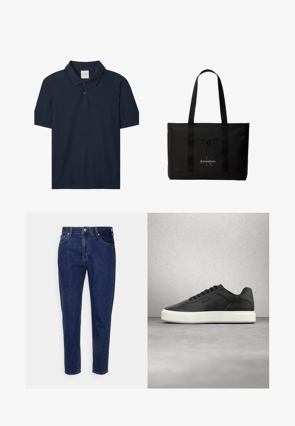 Polo bleu marine à manches courtes avec deux boutons, col côtelé avec fine bordure noire, et petit logo "ck" sur la poitrine gauche.; Jean droit en denim bleu foncé avec fermeture à bouton et zip à l'avant, passants pour ceinture, poches avant et arrière.; Baskets en cuir noir avec semelle en caoutchouc blanche, bout arrondi et lacets plats. Accents texturés sur les côtés, design minimaliste.; Sac cabas noir Calvin Klein avec deux longues poignées et une poche avant, avec le logo de la marque en blanc et gris.