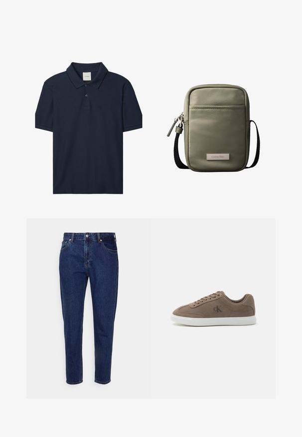 Marineblauw poloshirt met korte mouwen, twee knopen, geribde kraag met dunne zwarte rand en klein "ck"-logo op de linkerborst.; Donkerblauwe straight-leg spijkerbroek met knoop- en ritssluiting aan de voorkant, riemlussen, en voor- en achterzakken.; Taupe suède lage sneaker met beige veters, witte rubberen zool en subtiel "cK" logo aan de zijkant.; Compact olijfgroene crossbodytas met voorvak, zwarte verstelbare band, ritssluiting en Calvin Klein logoplaatje.