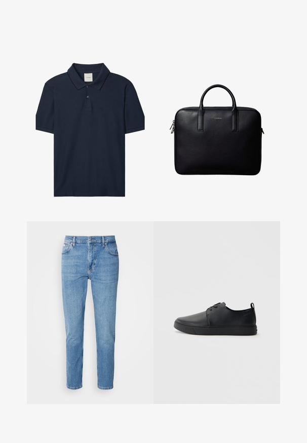 Marineblauw poloshirt met korte mouwen, twee knopen, geribde kraag met dunne zwarte rand en klein "ck"-logo op de linkerborst.; Lichtblauwe denim jeans met een rechte pasvorm, vijf zakken en subtiele vervaging. Voorzien van een knoopsluiting en riemlussen.; Zwarte leren sneaker met een gladde afwerking, ronde neus, tonale stiknaden, vetersluiting aan de voorkant en een vlakke rubberen zool. Lussje aan de hak.; Zwarte leren aktetas met dubbele handvatten, rechthoekige vorm en zilverkleurige ritstrekkers, voorzien van een klein geperst logo in het midden.
