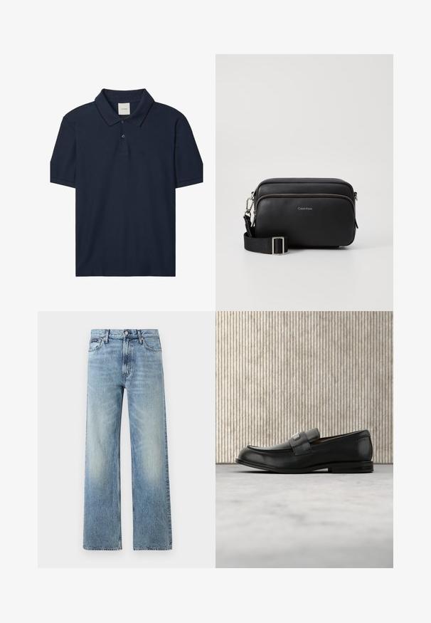 Marineblauw poloshirt met korte mouwen, twee knopen, geribde kraag met dunne zwarte rand en klein "ck"-logo op de linkerborst.; Lichtblauwe denim jeans met rechte pijpen, een hoge taille, vijf zakken, knoopsluiting en subtiele vervaging op de dijen en knieën.; Zwarte leren loafer met een metalen merktekenplaatje, rustend bij een bruine ronde tafel op een beige tapijtvloer.; Zwarte leren schoudertas met twee ritscompartimenten, gestructureerd afwerking, verstelbare schouderband en zilveren hardware-accenten. Calvin Klein-logo zichtbaar.
