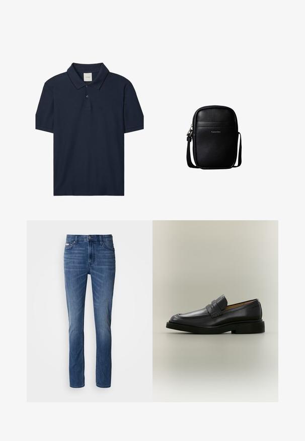 Polo bleu marine à manches courtes avec deux boutons, col côtelé avec fine bordure noire, et petit logo "ck" sur la poitrine gauche.; Jean en denim bleu délavé moyen, coupe droite, avec un style traditionnel à cinq poches, passants de ceinture et braguette à boutons.; Mocassin homme en cuir noir avec un petit talon et une bride sur le dessus, montré de profil sur un fond neutre.; Sac bandoulière compact en cuir noir texturé avec surpiqûres à l'avant et logo "Calvin Klein", doté d'une sangle d'épaule réglable.