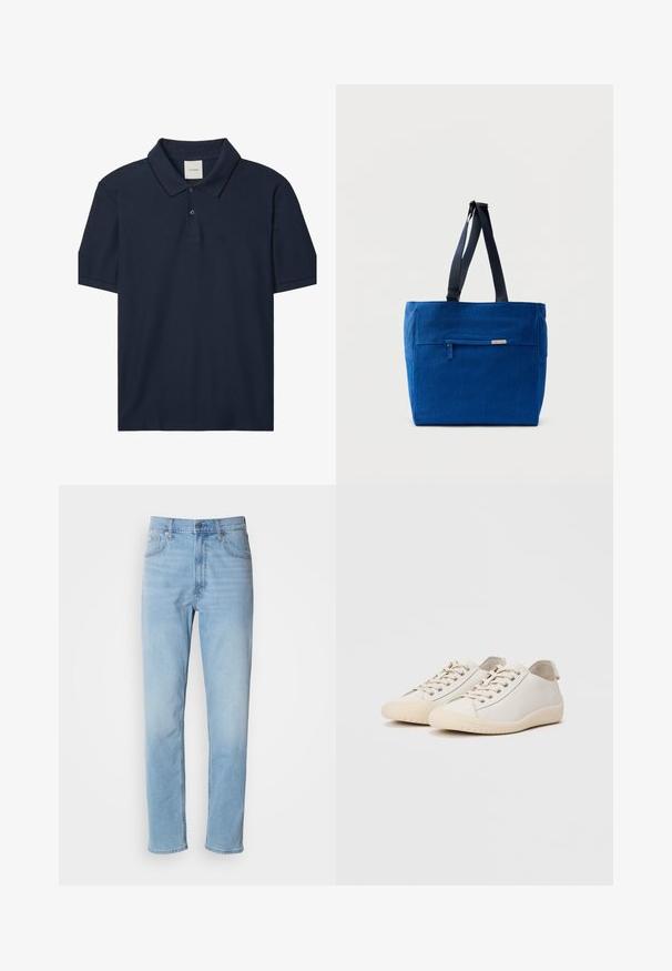 Marineblaues Polohemd mit kurzen Ärmeln, zwei Knöpfen, geripptem Kragen mit feiner schwarzer Umrandung und kleinem "ck"-Logo auf der linken Brust.; Hellblaue Jeans mit geradem Schnitt, fünf Taschen und Gürtelschlaufen. Der Stoff hat eine glatte Textur mit einem leichten Verblassungseffekt.; Weiße Sneaker aus glattem Leder mit tonalem Nähten, Schnürverschluss, runder Zehenpartie und einer strukturierten Gummisohle.; Blaue Canvas-Einkaufstasche mit einer vorderen Reißverschlusstasche, doppelten Schulterriemen und rechteckiger Form. Verfügt über ein dezentes Markenlabel.