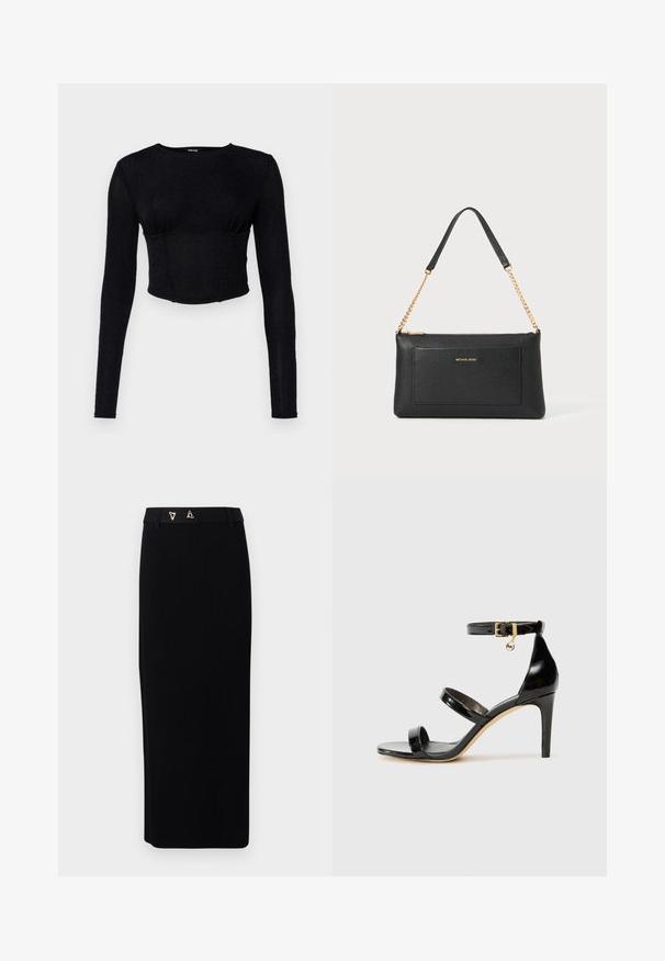 Zwarte lange mouwen crop top van gestructureerde stof, met een getailleerd ontwerp en plooidetails bij de buste.; AERON FORUM - Kokerrok - black; Zwarte gepatineerde leren sandaal met drie banden, enkelgesp en 10 cm hoge stiletto hak. Bevat gouden hardwaredetails en een logo charm.; Zwarte leren clutch met een gepolijste textuur, gouden schouderband en een voorvak. Voorzien van een gouden logo op de voorkant.