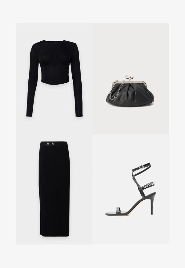 Sort langærmet crop top lavet af tekstureret stof, med en tætsiddende pasform og rynket detaljer ved brystet.; AERON FORUM - Pencil skirt - black; Sort højhælet sandal med tynd ankelrem, midtfodsrem dekoreret med sølvkædeled og åben tå-design.; Sort læder clutch med samlet tekstur, sølvfarvet metalramme, kys-lås lukning og kædestrop. Glat, blød overflade.