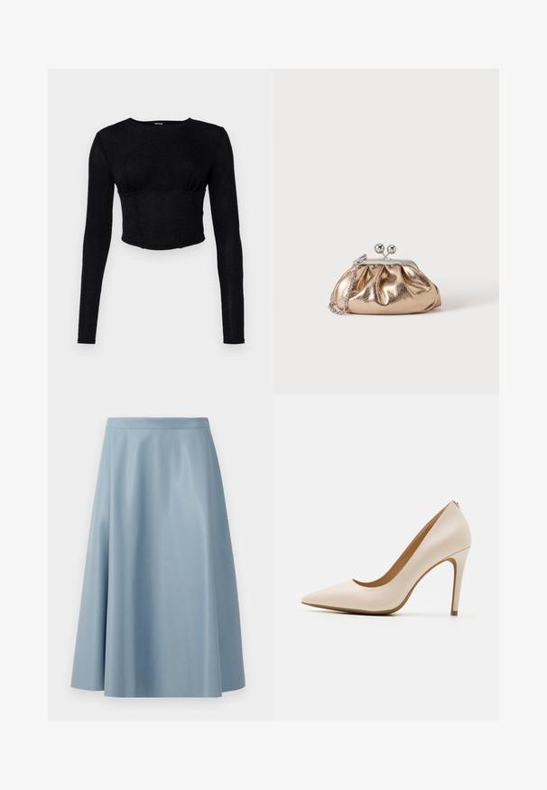 Sort langærmet crop top lavet af tekstureret stof, med en tætsiddende pasform og rynket detaljer ved brystet.; En lyseblå, flagrende nederdel lavet af glat stof, der har et minimalistisk design med en ren talje og uden synlige lukninger.; Beige højhælede pumpe, spids tå, glat læderfinish, slank stiletthæl, minimalistisk design med en subtil detalje bagpå.; Lille gylden metalisk clutch taske med sølvspænde og kæderem på ensartet lyst baggrund.