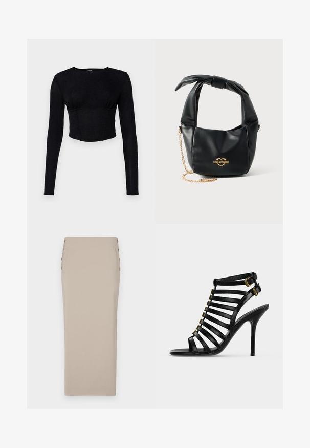Čierny dlhý rukáv elastický crop top z textúrovanej látky, s priliehavým strihom a zhrnutím v oblasti poprsia.; Bežová sukňa na ceruzku vyrobená z hladkého materiálu, s bočnými gombíkmi, so štíhlym strihom a bez viditeľných vreciek či vzorov.; Čierne kožené sandále na vysokom podpätku s viacerými horizontálnymi pásikmi a dvoma zlatými prackami na členku na jednoduchom svetlom pozadí.; Čierna mäkká kožená kabelka Love Moschino s uzlíkovým uchom a zlatým retiazkovým popruhom na bielom pozadí.