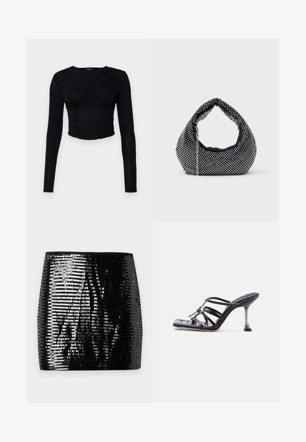 Zwarte lange mouwen crop top van gestructureerde stof, met een getailleerd ontwerp en plooidetails bij de buste.; Zwarte pailletten mini rok met een getailleerde silhouet. Vervaardigd uit glanzende metalen pailletten die in rijen zijn gerangschikt en licht reflecteren. Afgewerkt met een solide zwarte tailleband.; Zwarte sandaal met hoge hak en bandjes, met een vierkante neus en een dunne naaldhak, voorzien van overlappende bandjes en een knoopdetail op het bovenwerk.; Zwarte mesh handtas versierd met zilveren studs, met een gebogen handvat en een kettingschouderriem. Zachte textuur met een ronde vorm.